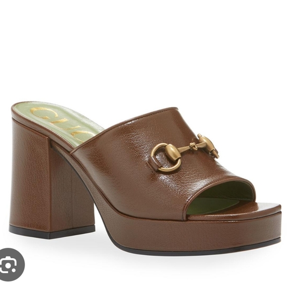 Gucci Horsebit Platform Brown Leather Sandals - Picture 1 of 9